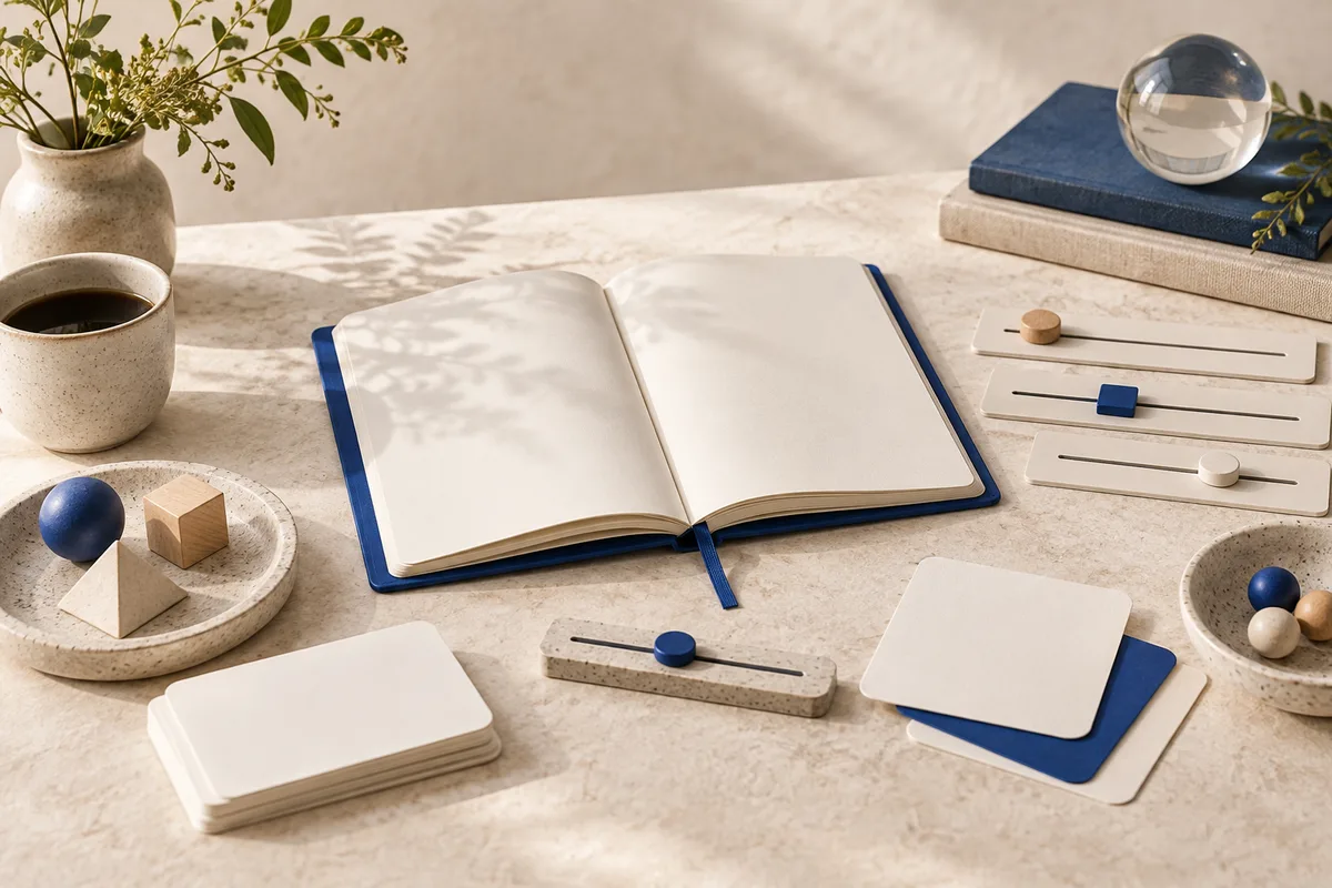 Open blank notebook beside abstract slider controls, blank cards, geometric shapes, a coffee cup, and a glass sphere on a sunlit table.
