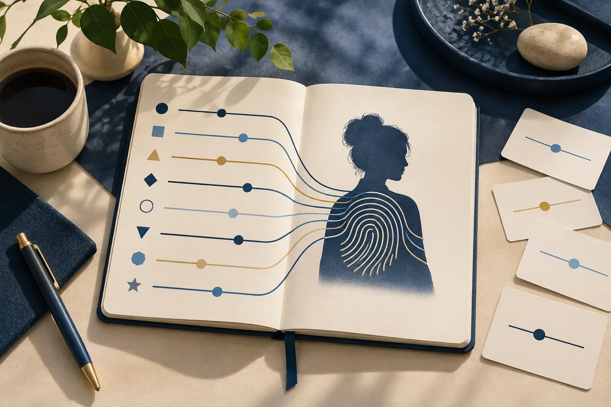 Open notebook showing colored lines from geometric symbols toward a dark profile silhouette, with blank slider cards and a pen nearby.