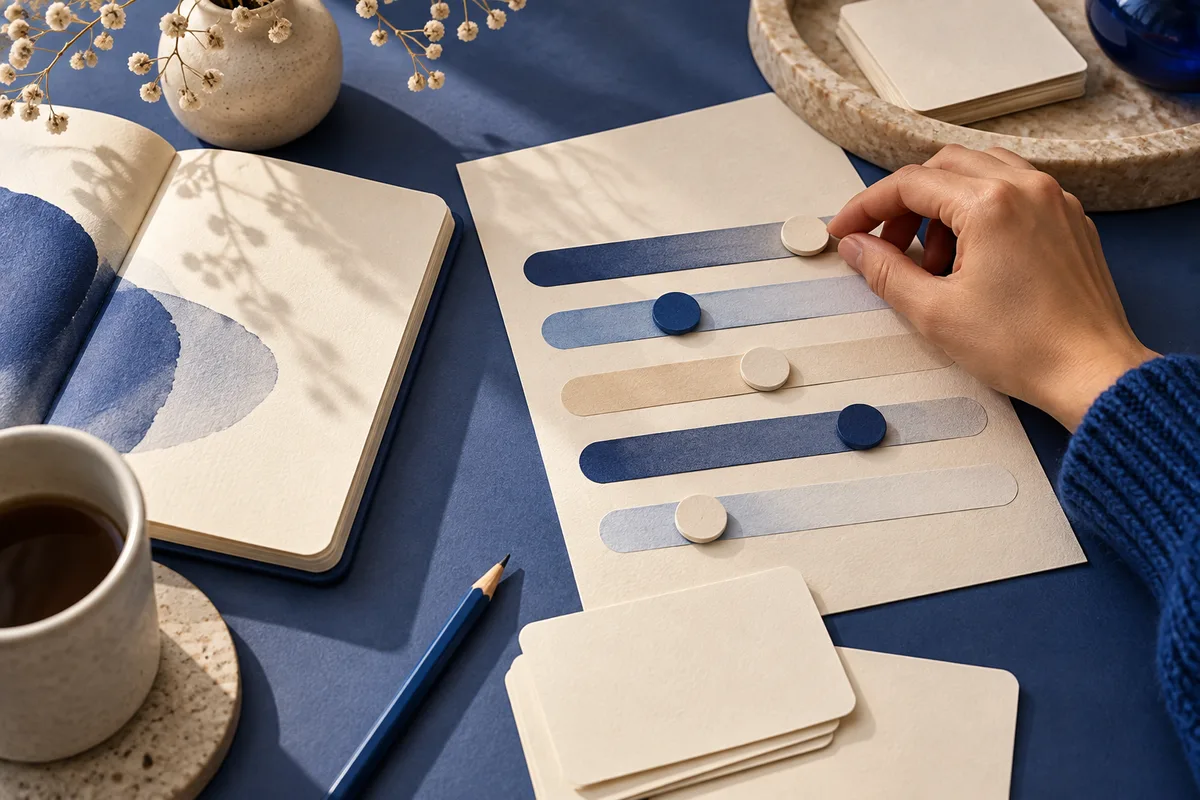 A hand adjusts round markers on colored horizontal sliders beside an open notebook, blank cards, a pencil, and a cup of coffee.