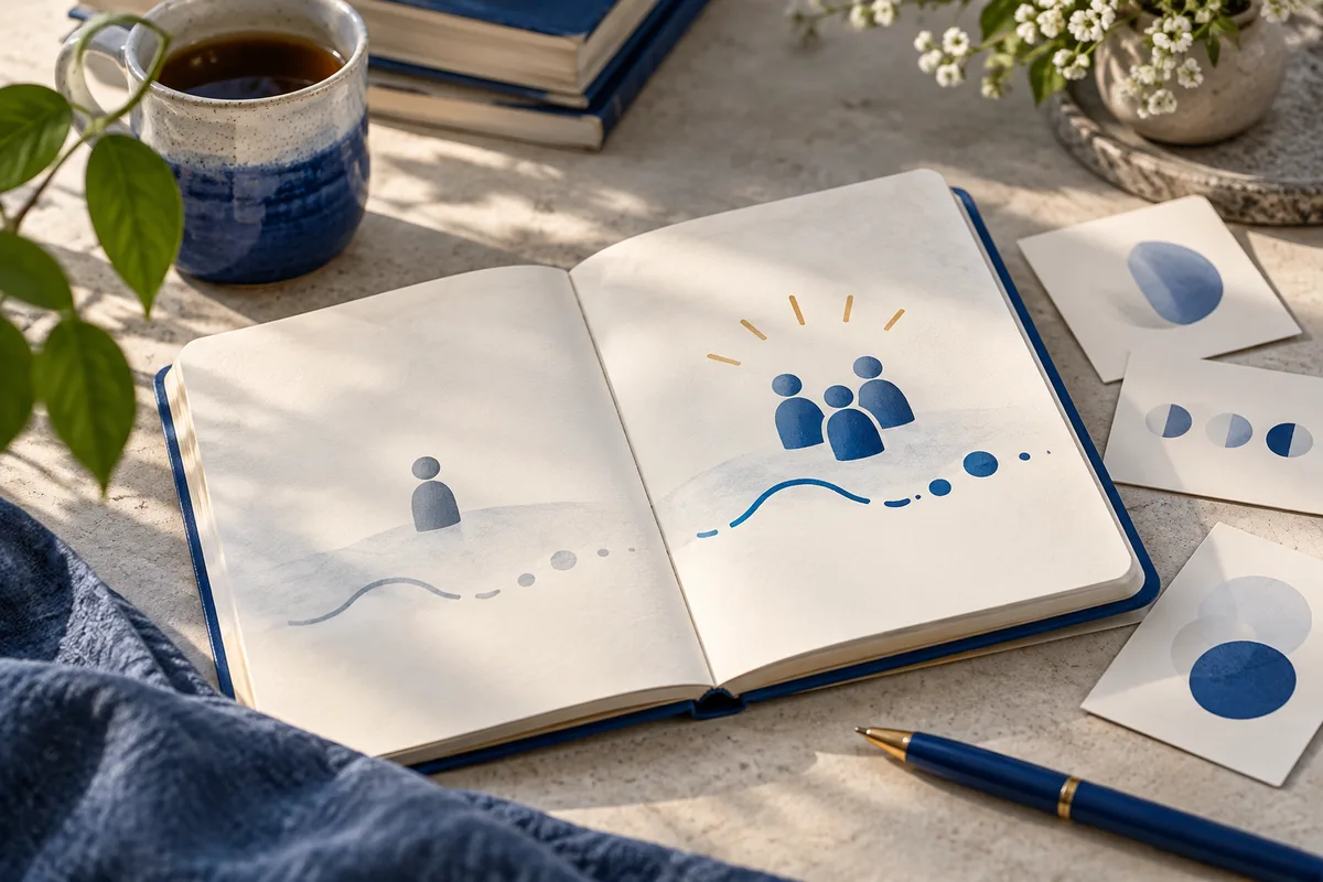 An open notebook with blue person icons and curved lines, surrounded by papers, a pen, a mug, and plants.