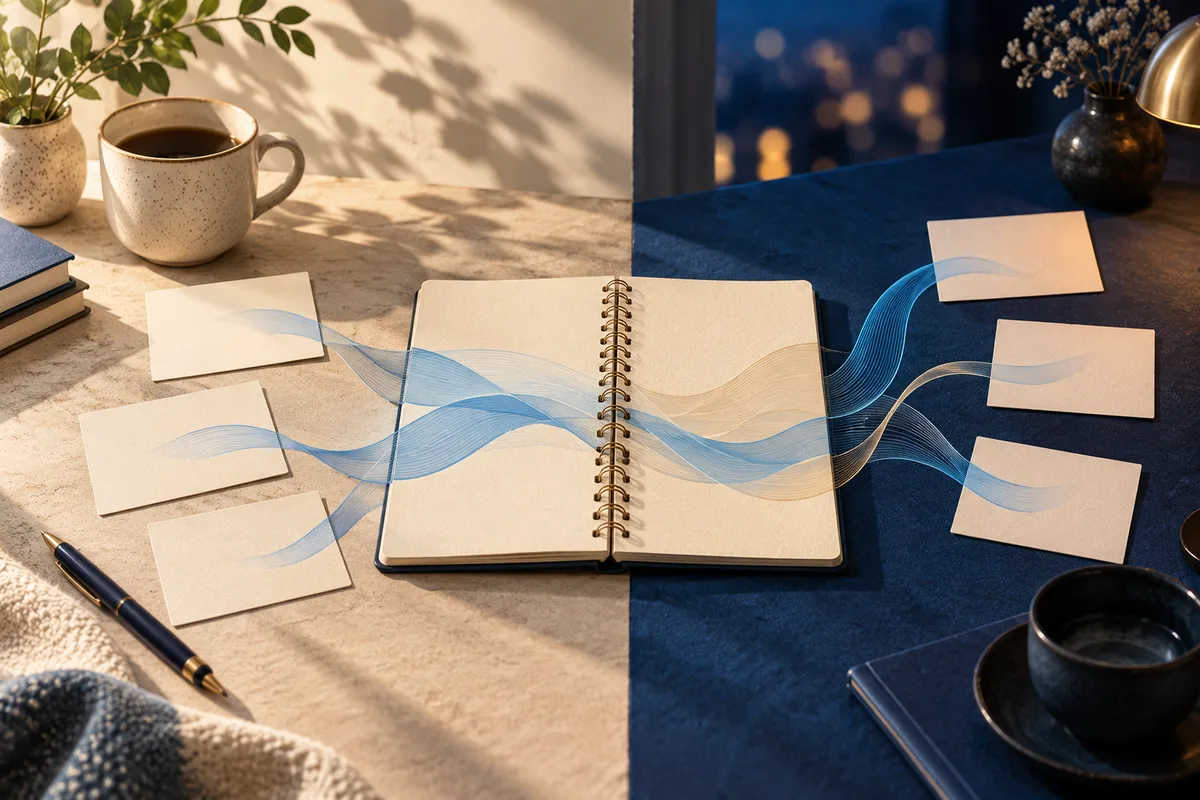 An open notebook lies across a sunlit cream surface and a dark blue tabletop, with blue flowing lines crossing its blank pages and several blank cards nearby. A coffee cup, pen, plants, and small vases sit around it.