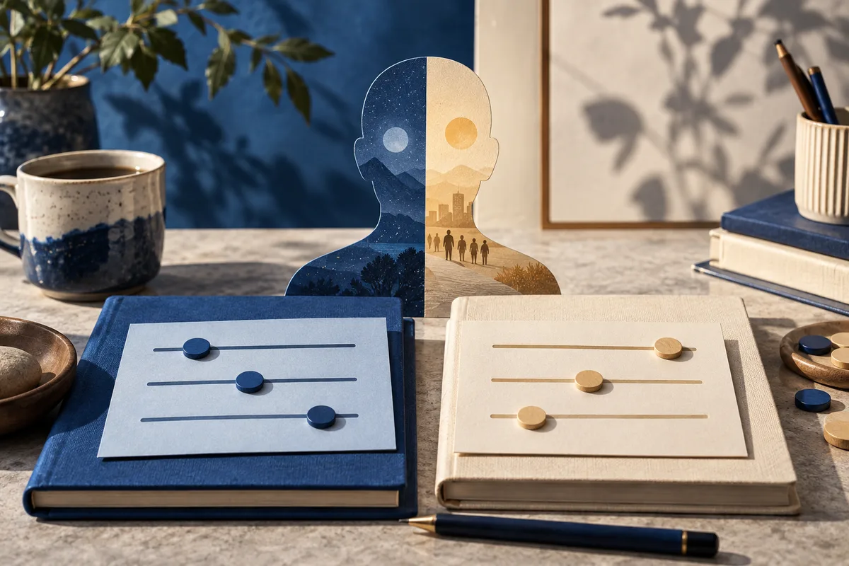 A split blue-and-cream silhouette sits behind two notebooks with horizontal slider cards on a sunlit desk.