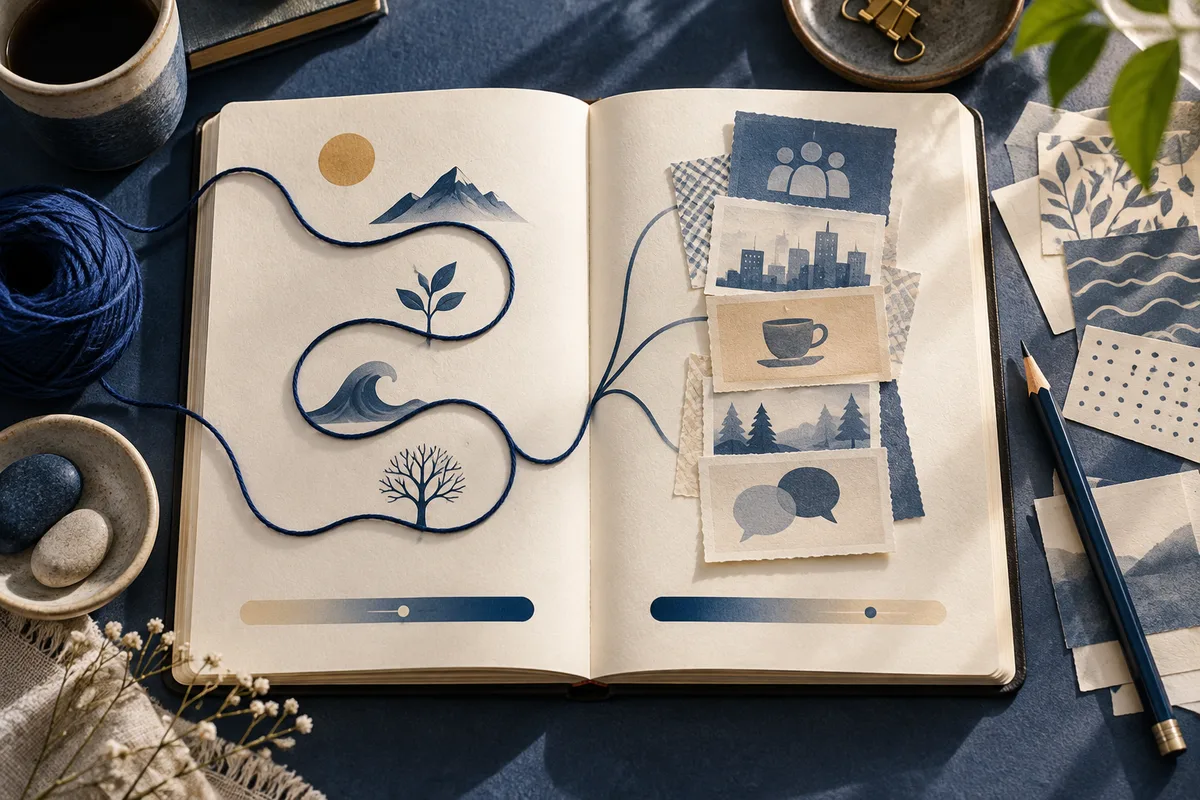 An open notebook shows blue thread winding around nature illustrations on one page and stacked picture cards on the other.
