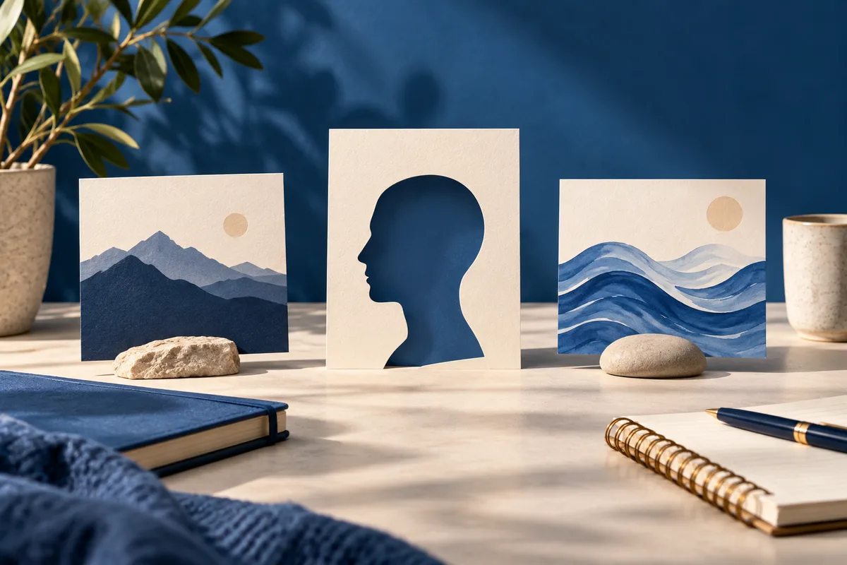 A tabletop still life with three upright cards showing layered mountains, a blue head profile, and blue waves. A plant, books, stones, a cup, and a pen sit around them.