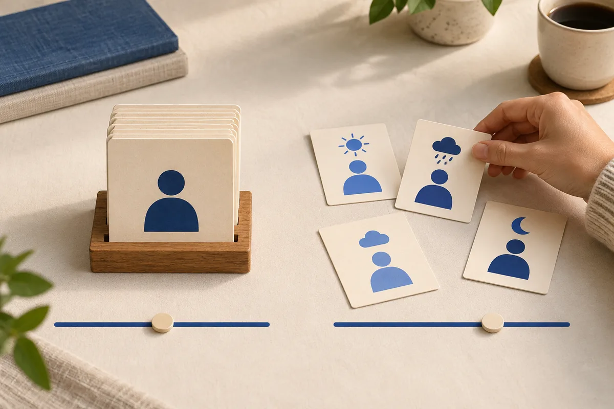 An overhead table scene with a stack of cards bearing a blue person symbol and four separate cards with sun, rain cloud, cloud, and moon symbols. A hand holds the rain-cloud card above blue slider lines.