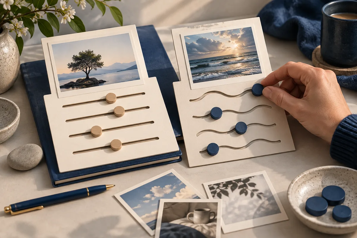 Two tabletop boards display landscape photographs above rows of adjustable slots and circular markers. A hand moves a blue marker on the right board, with extra photographs, a pen, a cup, and a bowl nearby.