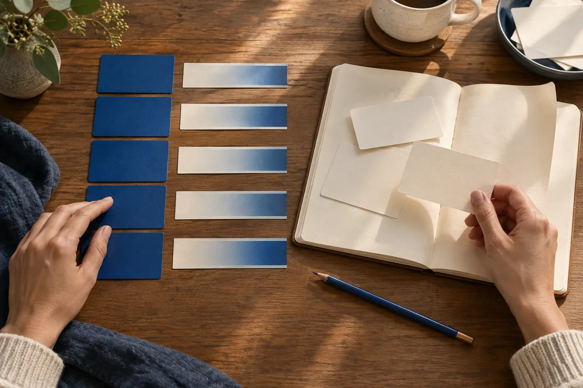 An overhead wooden desk holds five blue cards, five blue-to-white gradient strips, and an open blank notebook with loose cards. Two hands, a blue pencil, a cup, and a bowl of envelopes are visible.