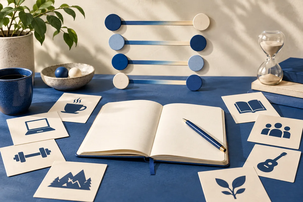 An open blank notebook and pen sit on a blue tabletop among slider bars and small icon cards, with a potted plant, cup, bowl, and hourglass nearby.