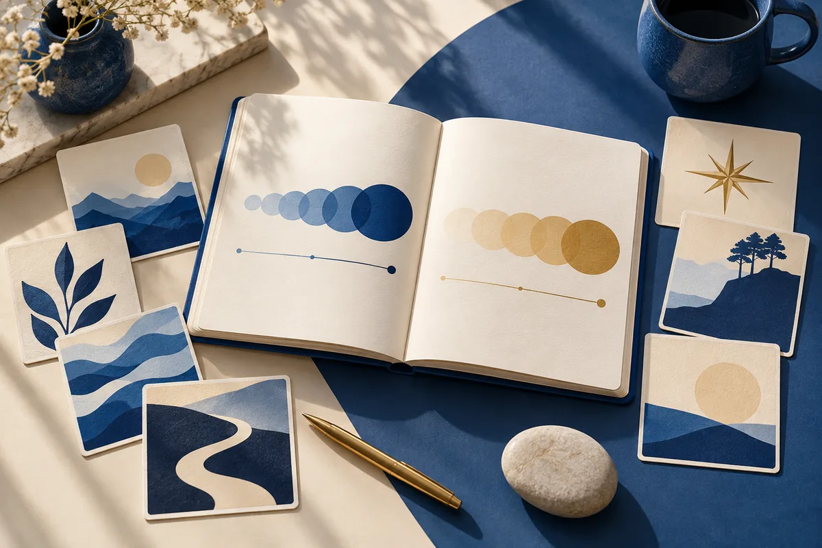 Open notebook with blue and cream circle diagrams, illustrated cards, a pen, a stone, and a cup on a blue-and-cream tabletop.