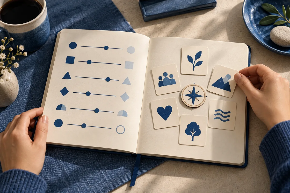 Hands hold open notebook pages showing abstract lines and shapes beside illustrated cards and a compass.