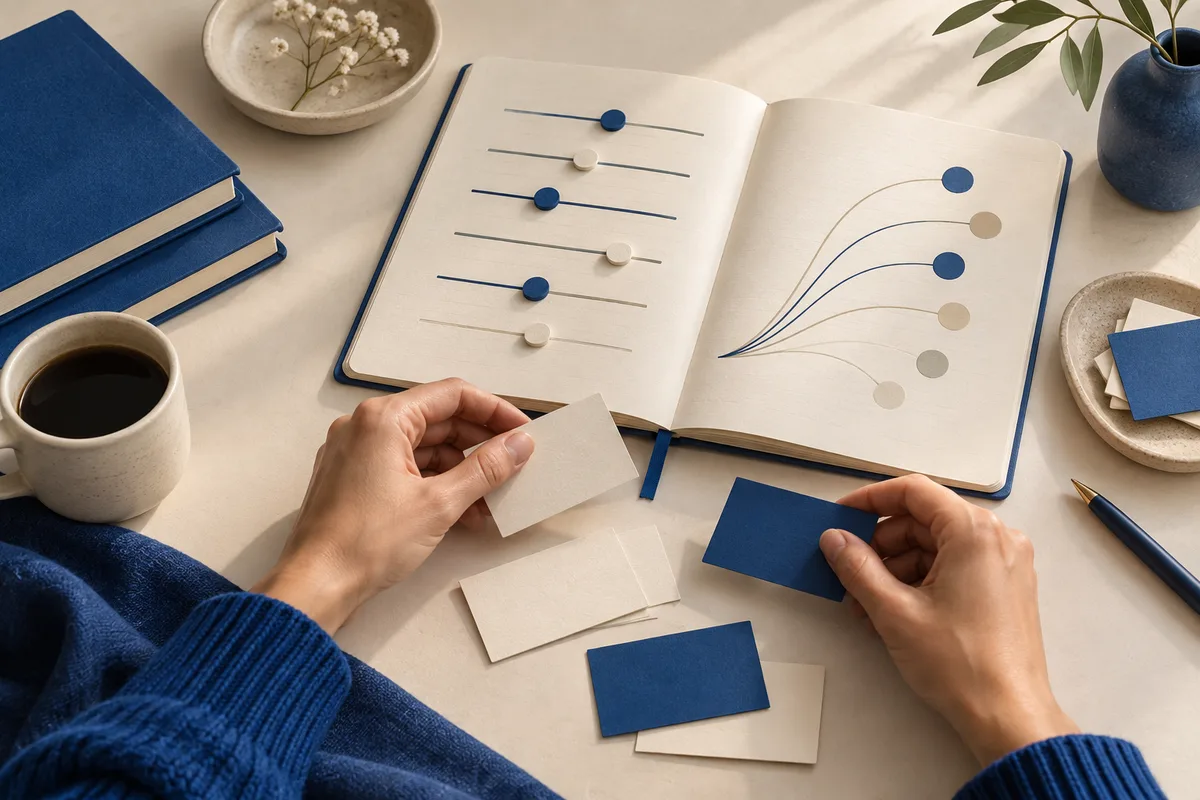 Hands hold blank blue and cream cards in front of an open notebook with lines, dots, and curved lines.