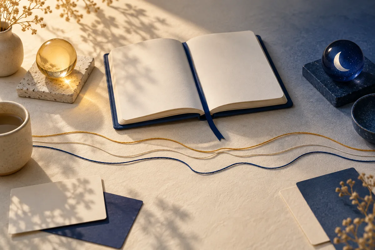 An open blank notebook sits between a glowing amber orb and a dark blue orb marked with a crescent moon, with wavy lines and cards on a two-toned cream and navy surface.