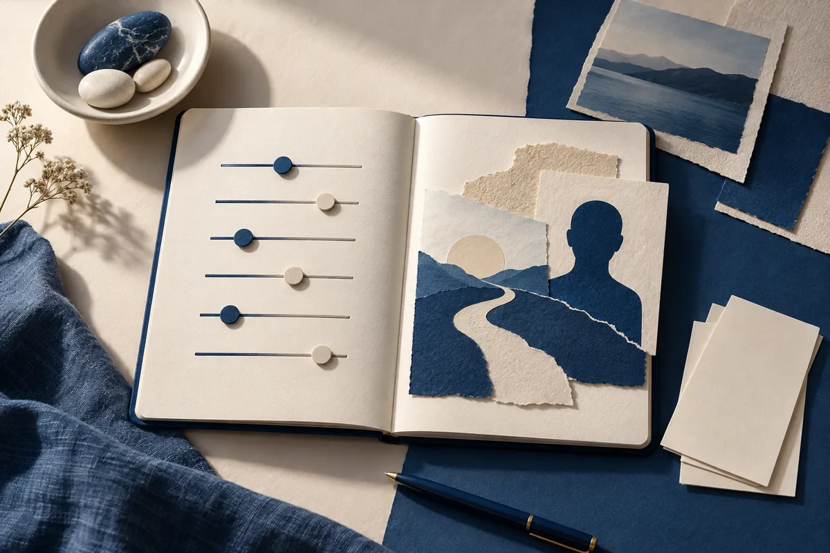 Open notebook with slider markers beside a paper collage of a dark blue human silhouette, mountains, and a winding path.
