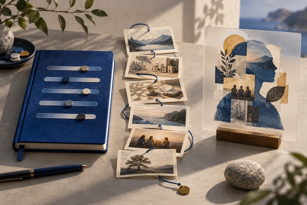 Blue notebook with slider markers, a linked sequence of landscape photographs, and a framed collage of a human profile and small photographs.