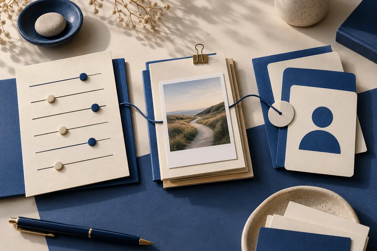 Cards with slider markers, a stacked photograph of a winding path, and cards bearing a simplified person icon.
