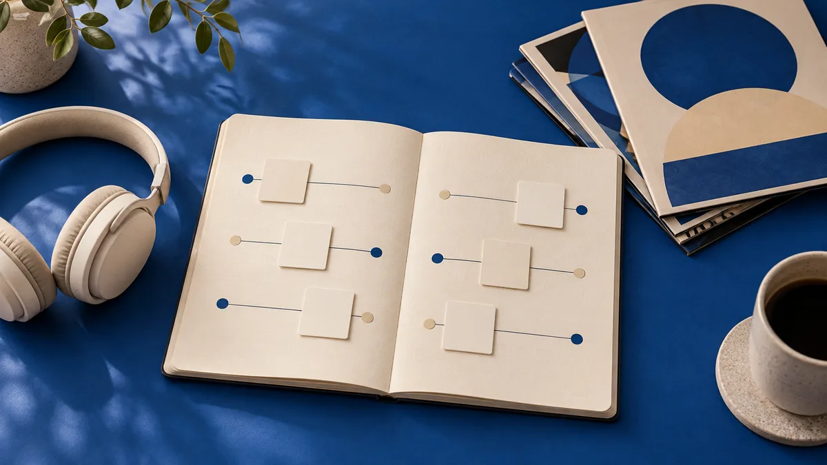 White headphones, an open notebook with paired dots and blank cards on lines, stacked geometric books, a potted plant, and a cup of coffee on a blue table.