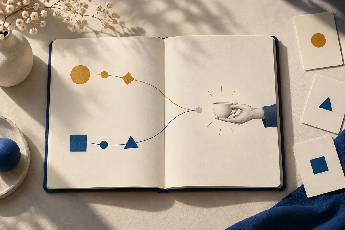 An open notebook shows gold and blue lines of geometric shapes leading toward a hand holding a cup, with matching shape cards beside it.