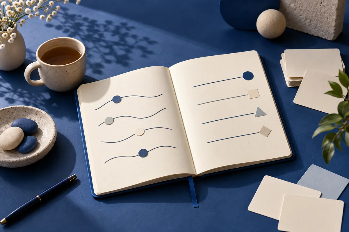An open cream notebook with curved lines and colored shapes sits on a blue tabletop beside a cup, flowers, blank cards, a pen, and a small bowl of stones.