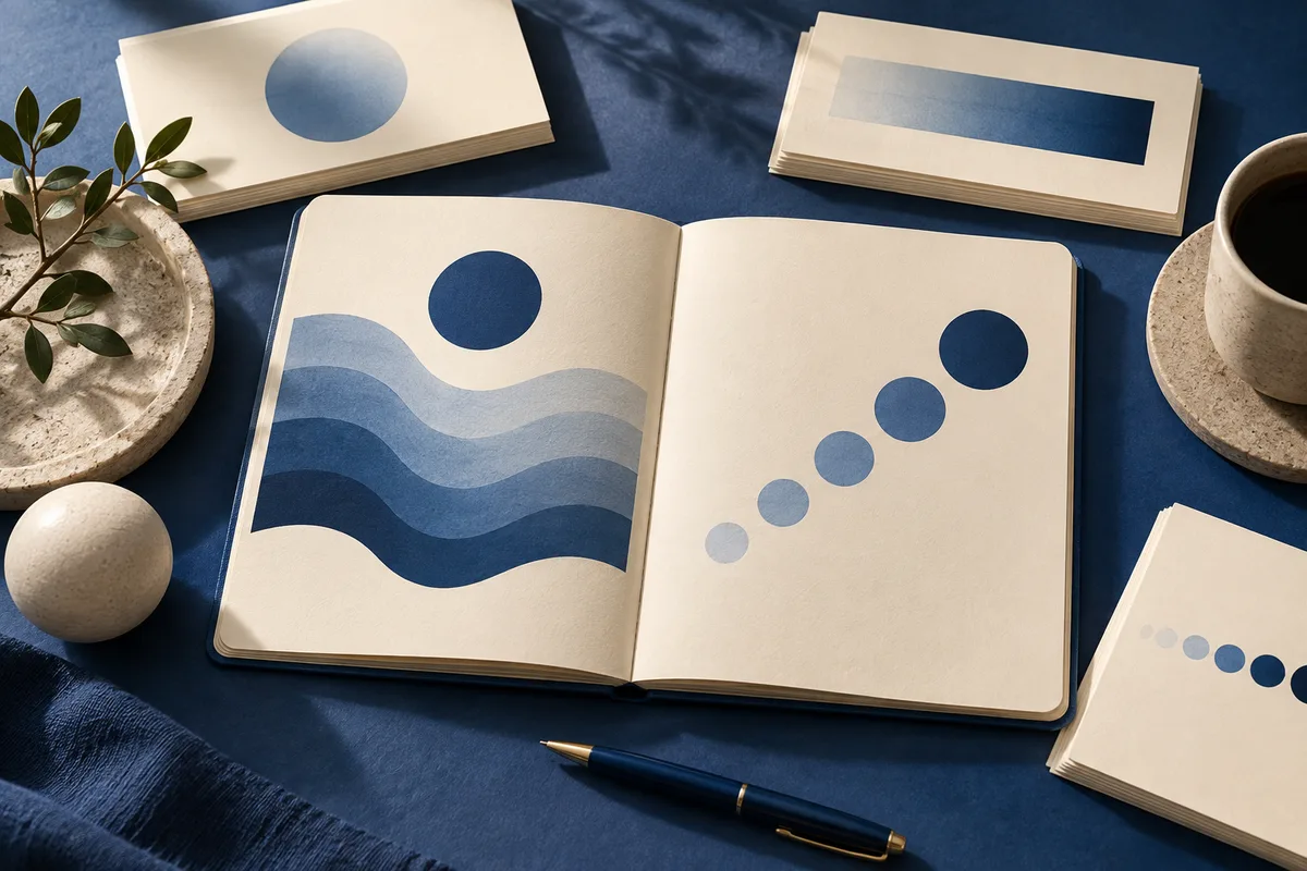 An open cream notebook with layered blue waves and a row of blue circles, surrounded by cards, a pen, a potted plant, and a cup on a dark blue table.