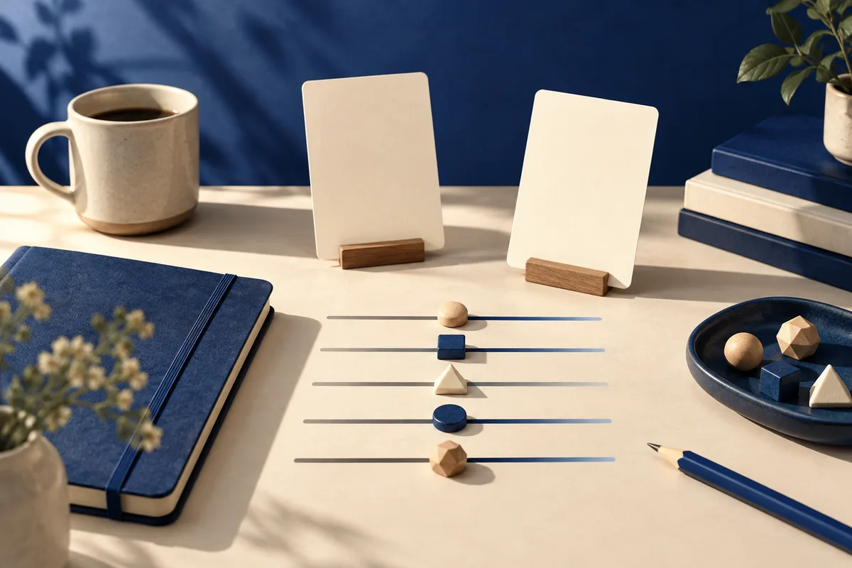 Cream tabletop with two blank cards, five horizontal sliders with geometric markers, a blue notebook, coffee cup, stacked books, a dish of shapes, and a pencil.