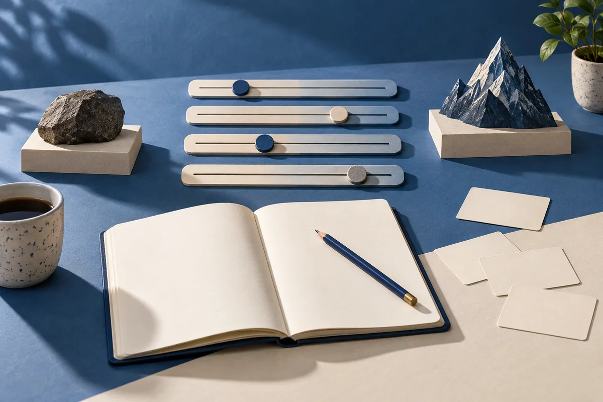 Blue tabletop with an open blank notebook and pencil, four horizontal sliders, a rock and mountain model, a coffee cup, blank cards, and a potted plant.