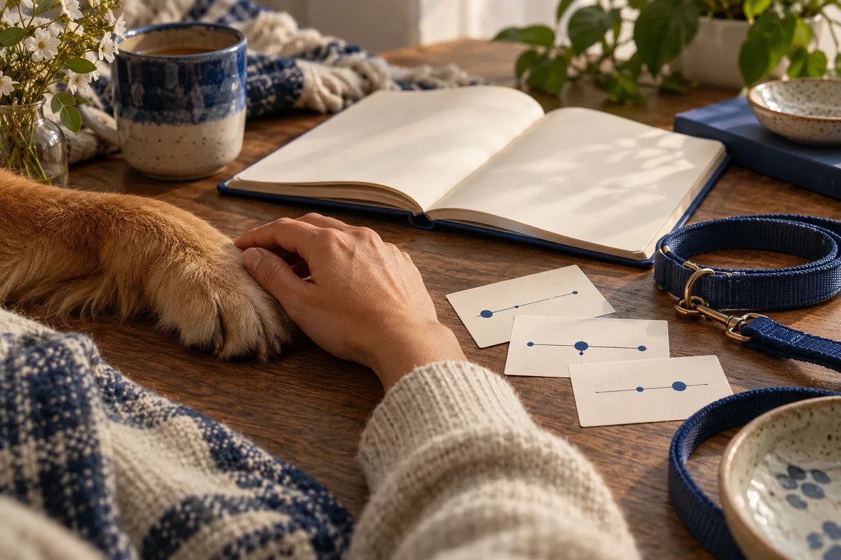 A hand rests beside a cat's paw on a wooden table, with an open notebook, pet leash, and cards showing simple line diagrams.