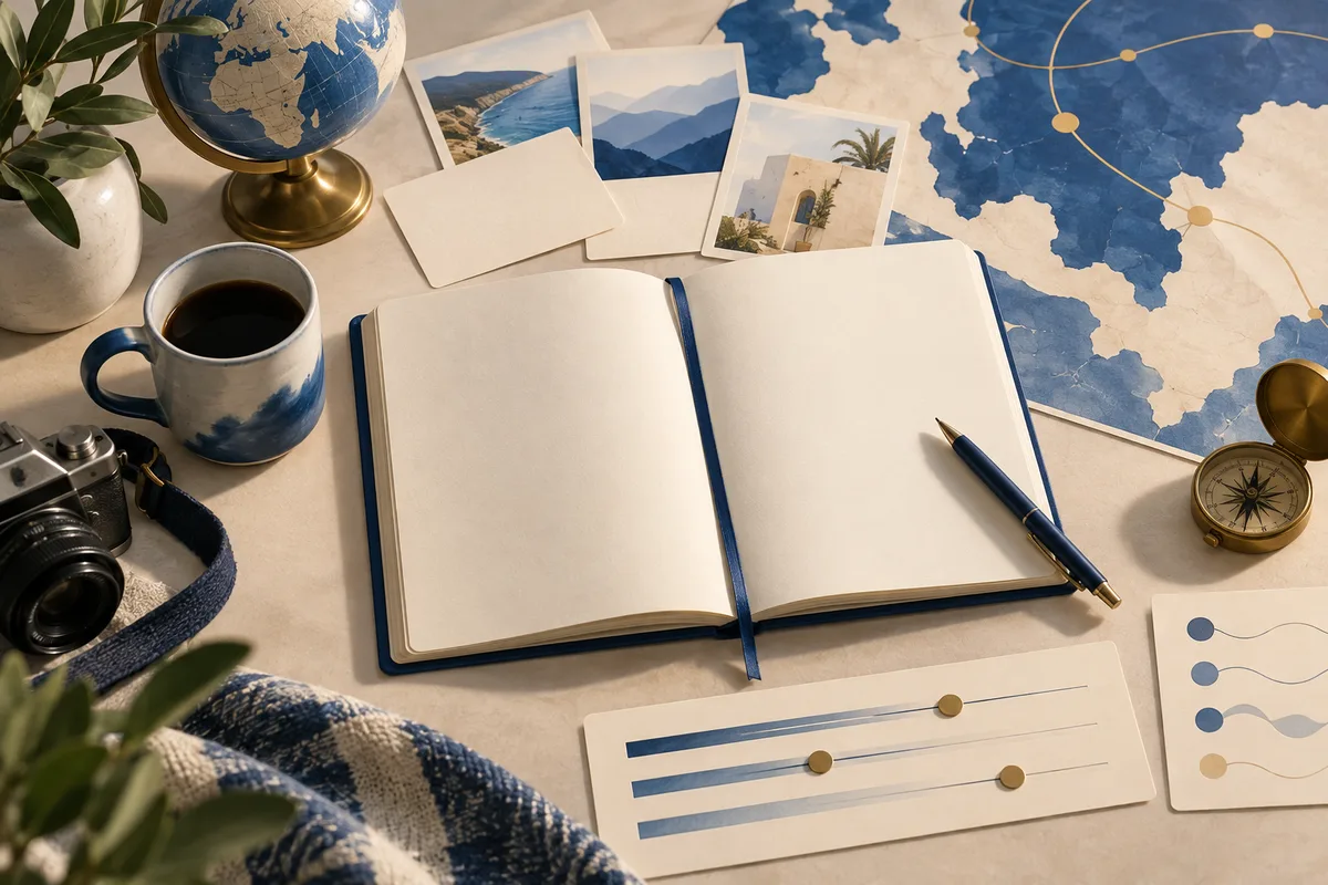 An open blank notebook and pen sit on a desk with a globe, travel photos, a map, a compass, a camera, coffee, and cards showing slider scales and connected dots.