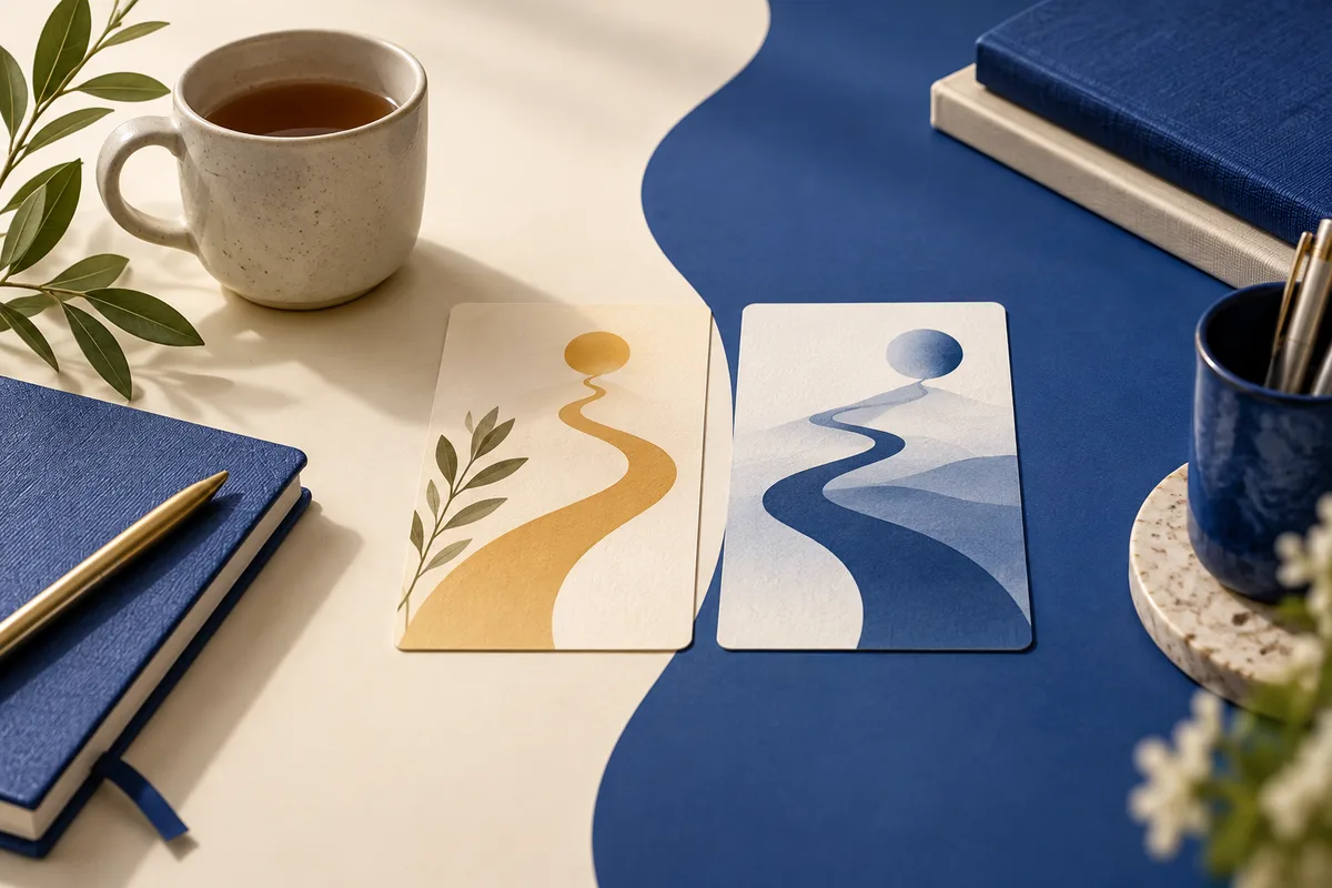 A cream-and-cobalt tabletop holds two abstract figure cards with winding paths, beside a cup of tea, blue notebooks, pens, and leafy branches.