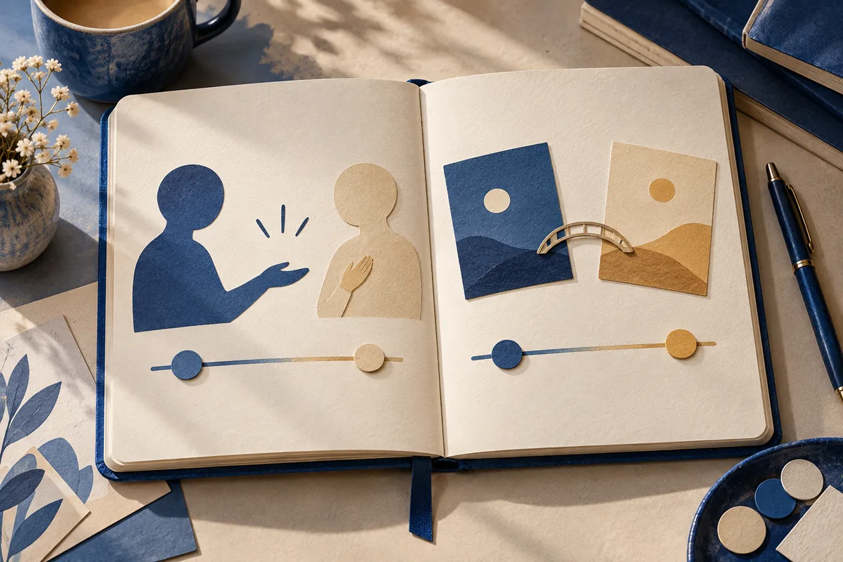An open notebook displays abstract blue and cream figures, two landscape cards joined by an arch, and horizontal lines with colored circles.