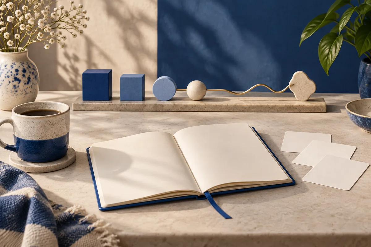 An open blank notebook and ceramic mug sit on a desk beneath a row of blue and cream shapes linked by a curved gold line; flowers and leafy plants frame the scene.