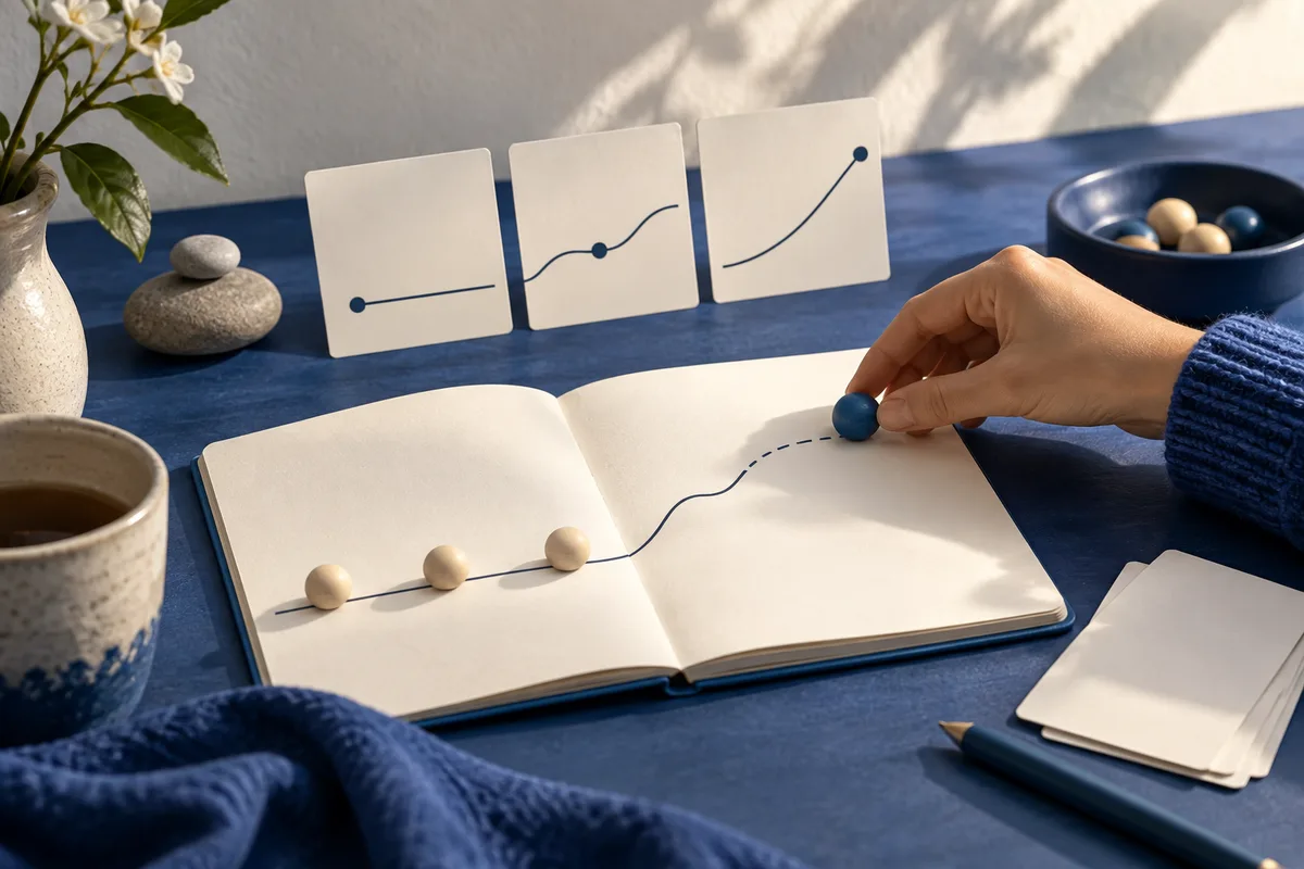 A hand moves a blue ball along a curved line in an open notebook, beside three cards with line drawings.