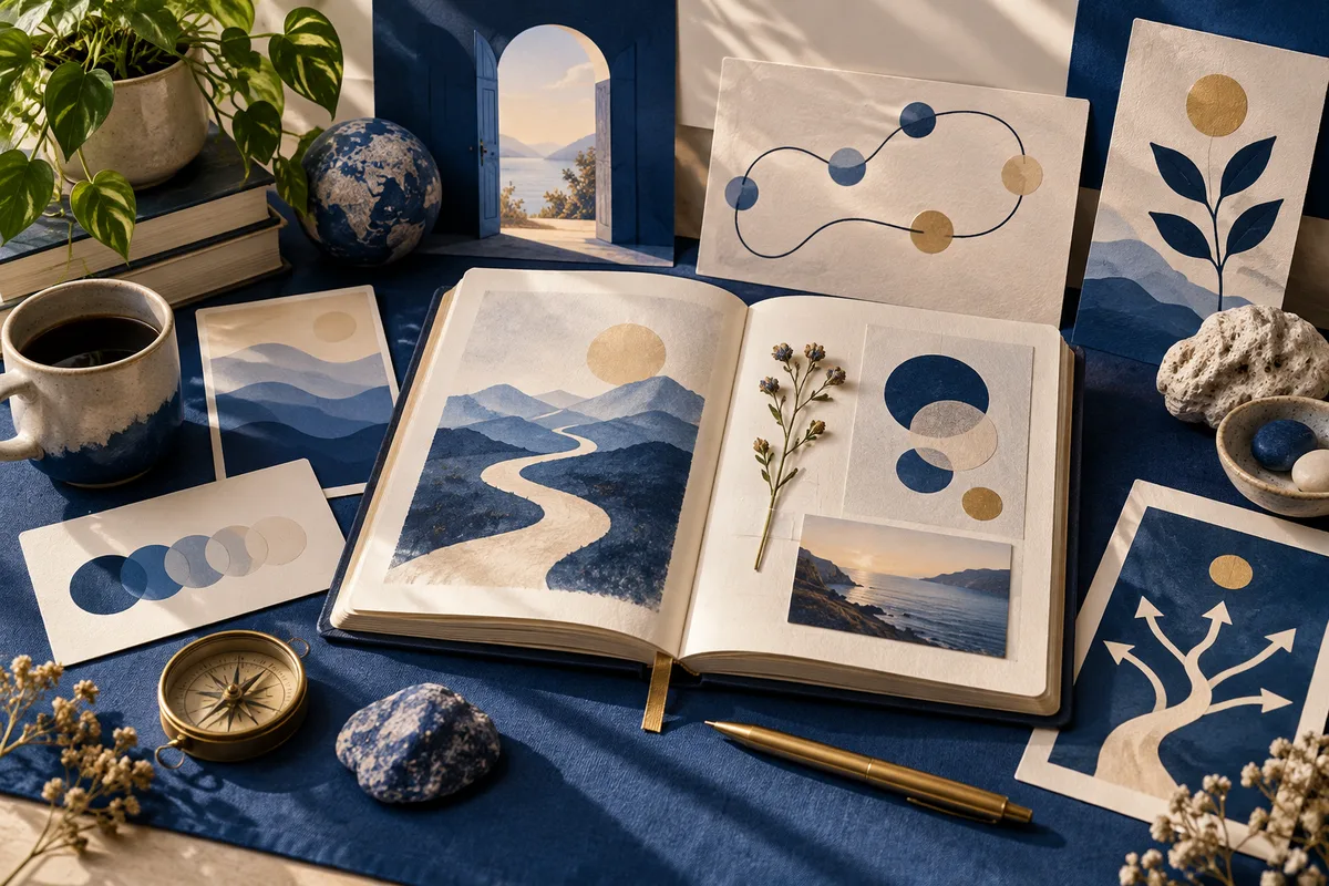 An open notebook shows a winding path through layered blue mountains, beside abstract diagrams, plant sketches, and a small landscape photo. A globe, compass, pen, books, and potted plants surround it.