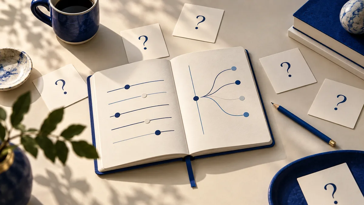 Overhead still life with an open notebook showing lines, dots, and branching curves, surrounded by question-mark cards, a blue cup, books, a pencil, and a plant casting shadows.