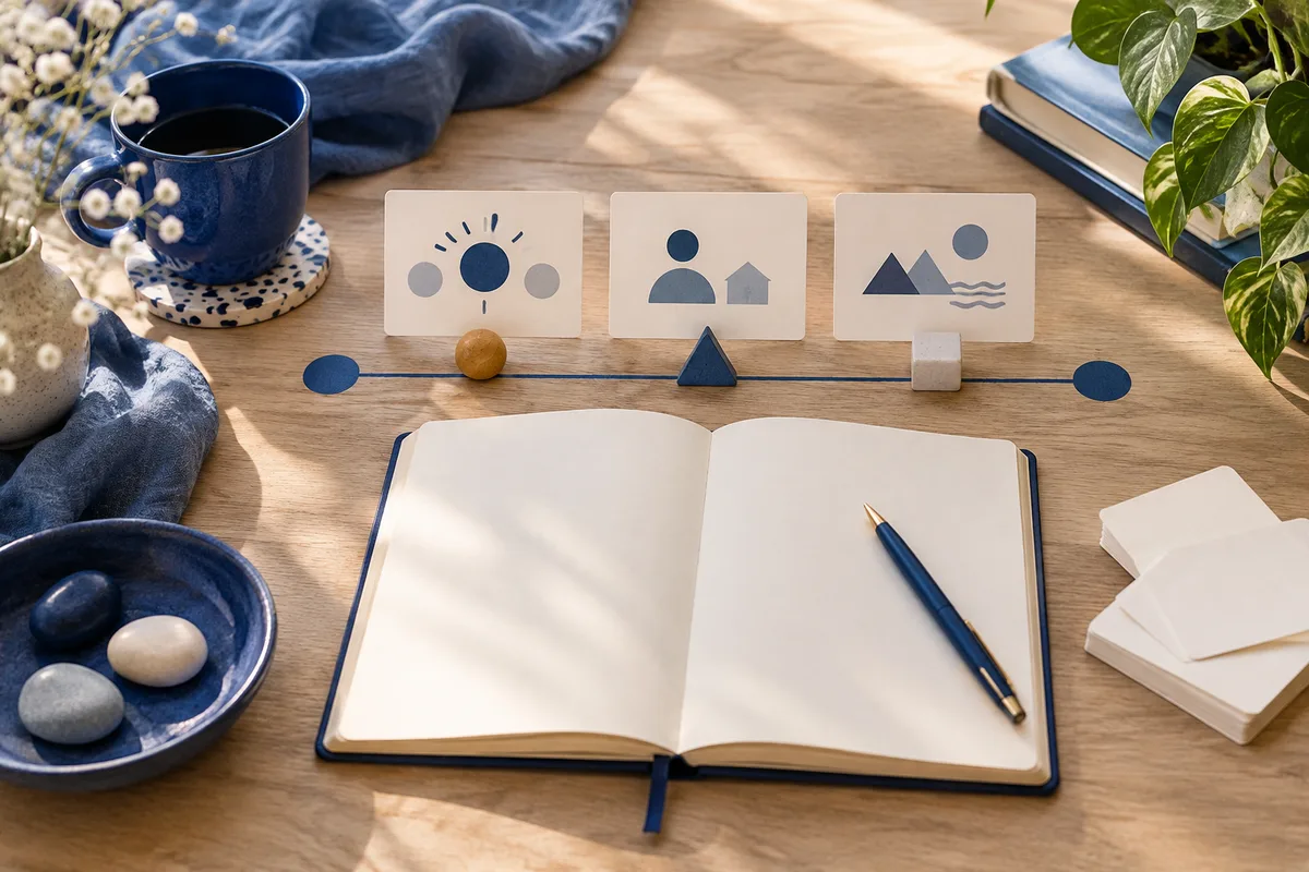 Open blank notebook and blue pencil on a wooden table, with three cards showing simple geometric symbols above a horizontal line with colored markers; a cup, stones, books, and a plant are nearby.