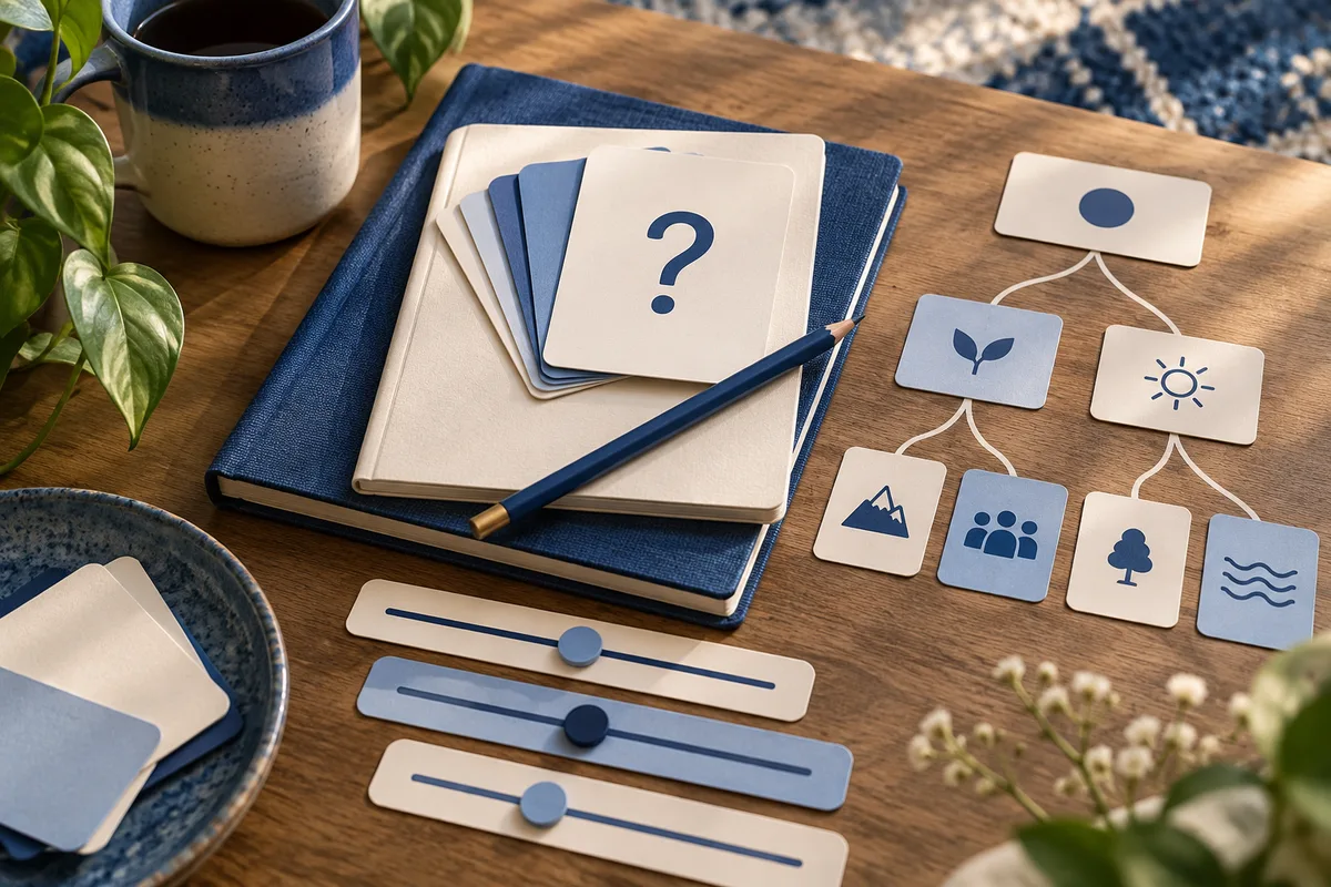 Stacked notebooks with a question-mark card and blue pencil beside connected cards with simple nature, sun, mountain, group, tree, and wave symbols, plus three slider-like strips with circular markers.