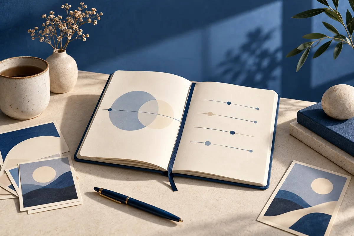 An open notebook with abstract circles and dotted lines sits on a cream table beside a pen, coffee cup, vase, art cards, and stacked books against a blue wall.