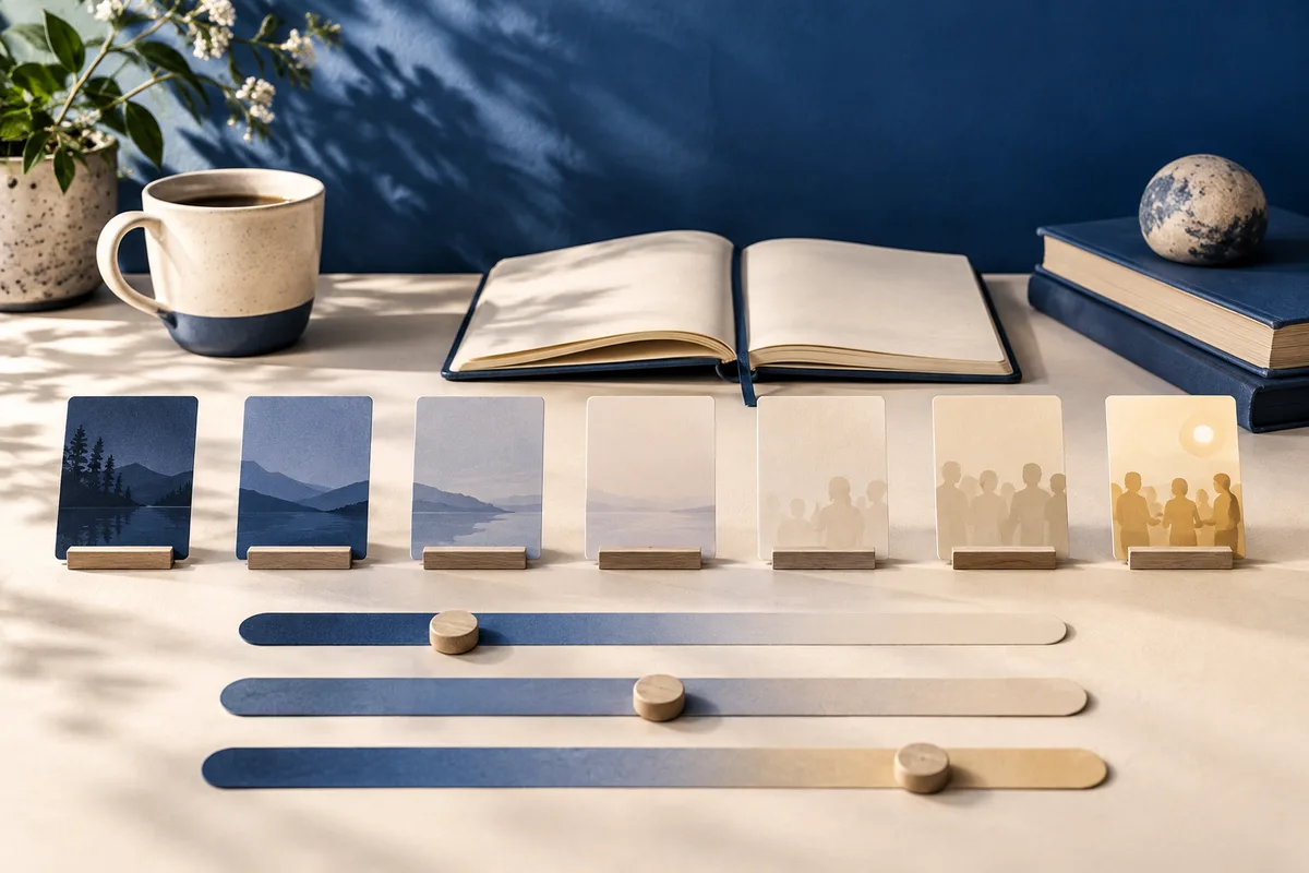 An open notebook, a row of illustrated cards, and three blue-to-cream slider bars with wooden knobs are arranged on a table beside a coffee cup and books.