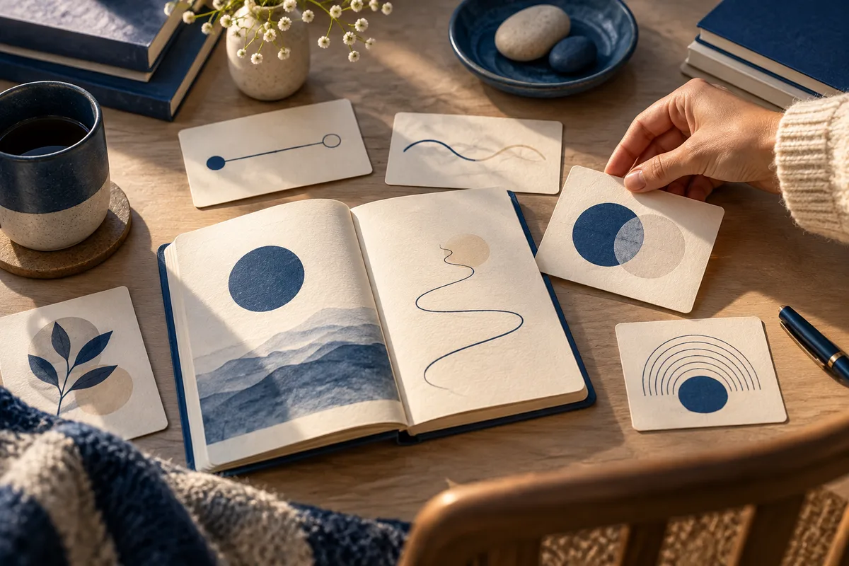 A hand holds an abstract art card above an open notebook filled with circles, waves, and mountain shapes, surrounded by more cards, a coffee cup, books, and stones.