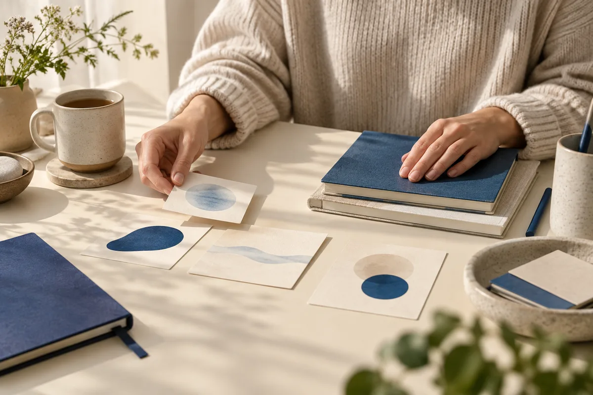 A person’s hands arrange abstract blue and cream art cards on a table beside stacked notebooks, a coffee cup, a pen, and a bowl.