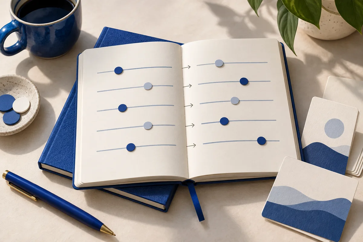 An open notebook shows five pairs of horizontal lines with blue and gray markers and arrows between them. A blue pen, mug, small dish, and abstract cards sit around it.