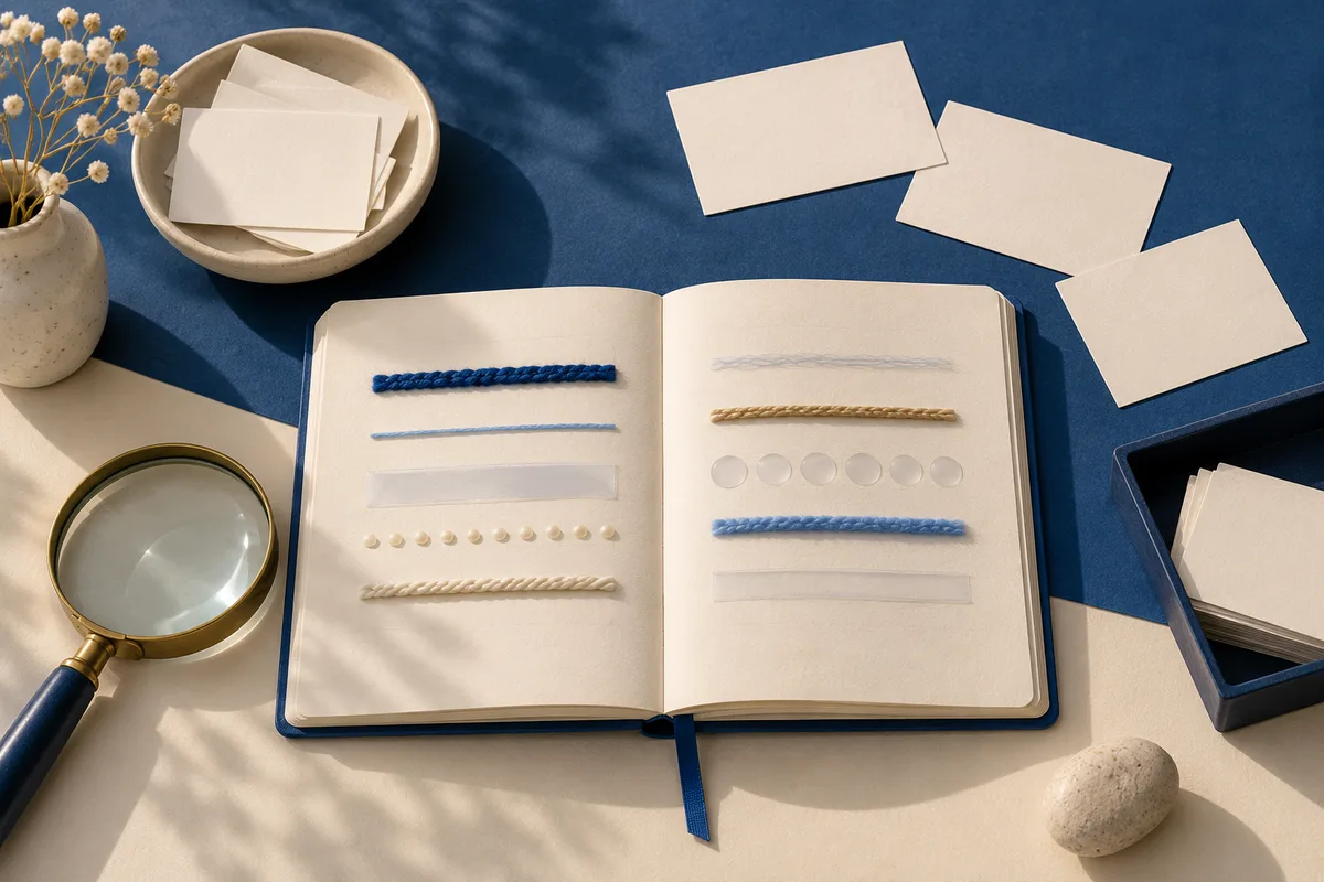 An open notebook on a blue surface displays rows of colored threads, translucent strips, and circles; blank cards, a magnifying glass, and a vase of flowers sit nearby.