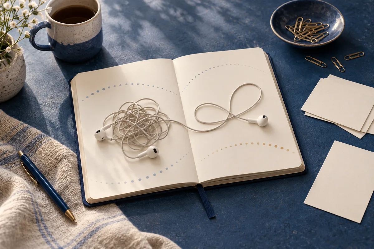 An open cream notebook on a blue table shows dotted arcs around tangled earbuds on one page and neatly looped earbuds on the other. A mug, paper clips, blank cards, a pen, and a small vase sit nearby.
