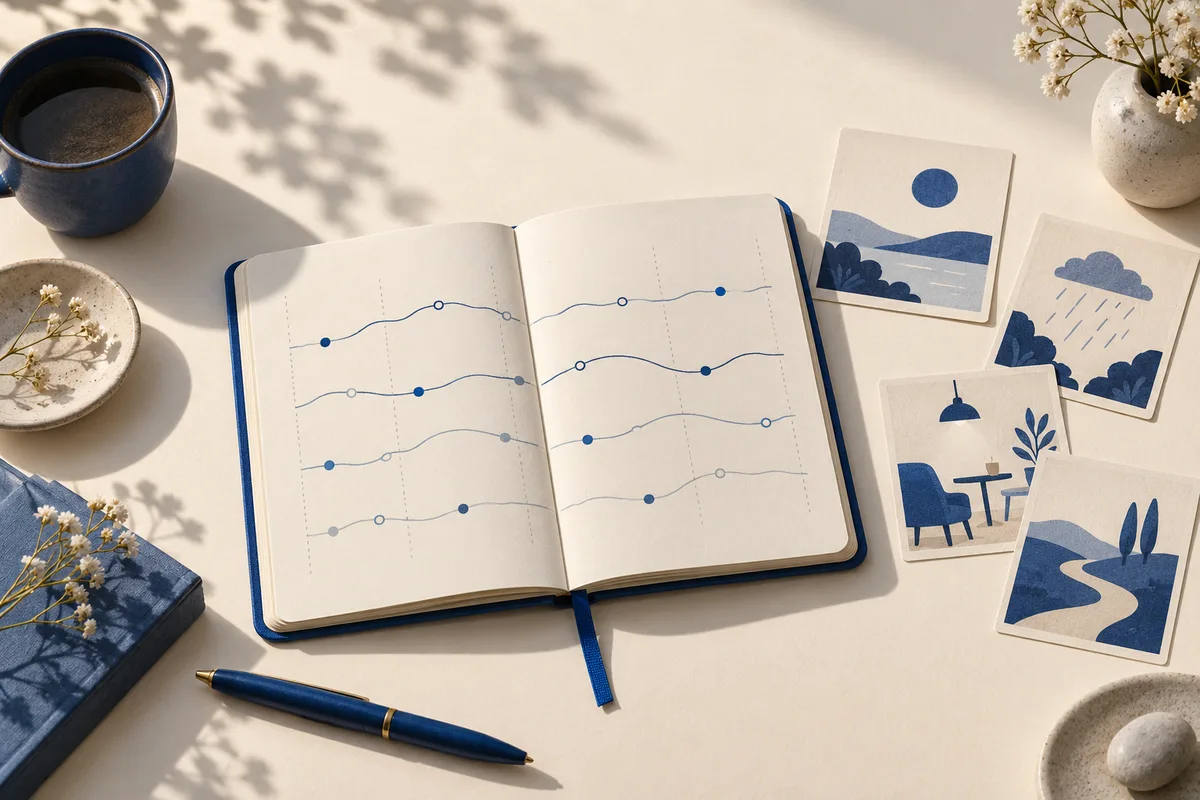 An open notebook with blue wavy lines and dots, surrounded by illustrated cards, a pen, a cup, and small dishes on a cream tabletop.