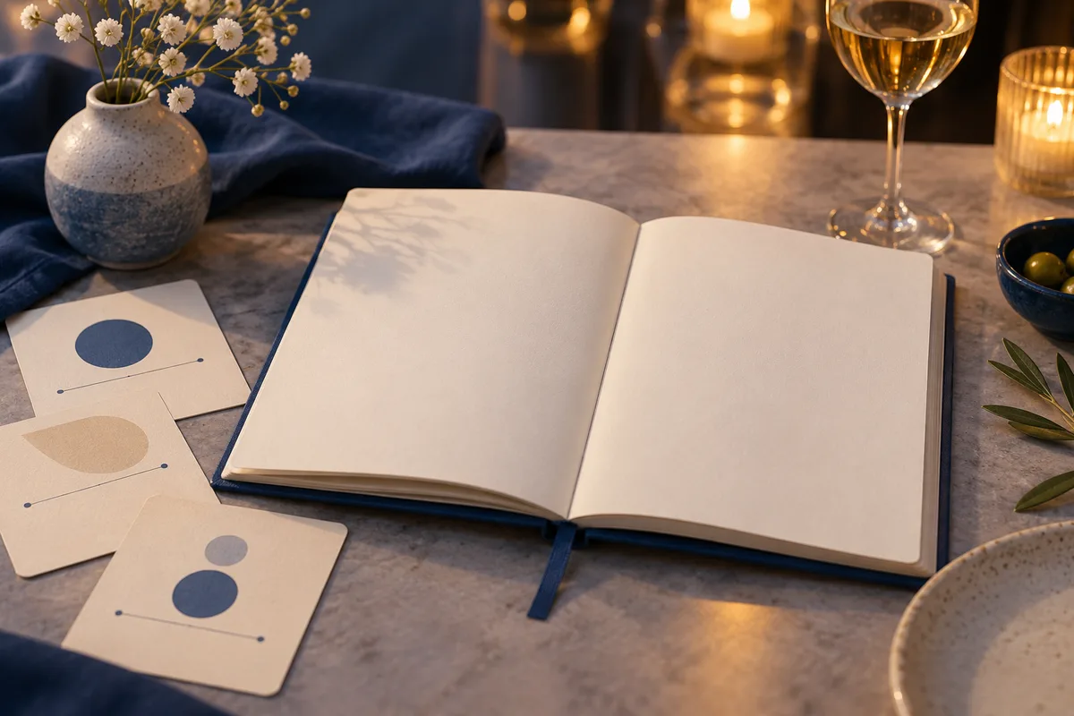 An open blank notebook sits beside three cards with colored circles and thin lines, with flowers and a glass on the table.