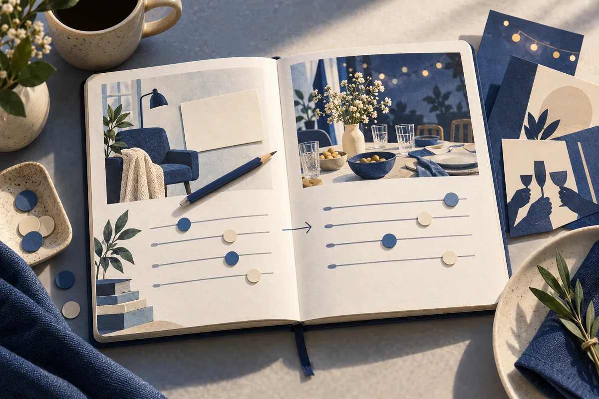 An open notebook shows a quiet room and a dinner table above rows of slider-like markers, with illustrated cards beside it.