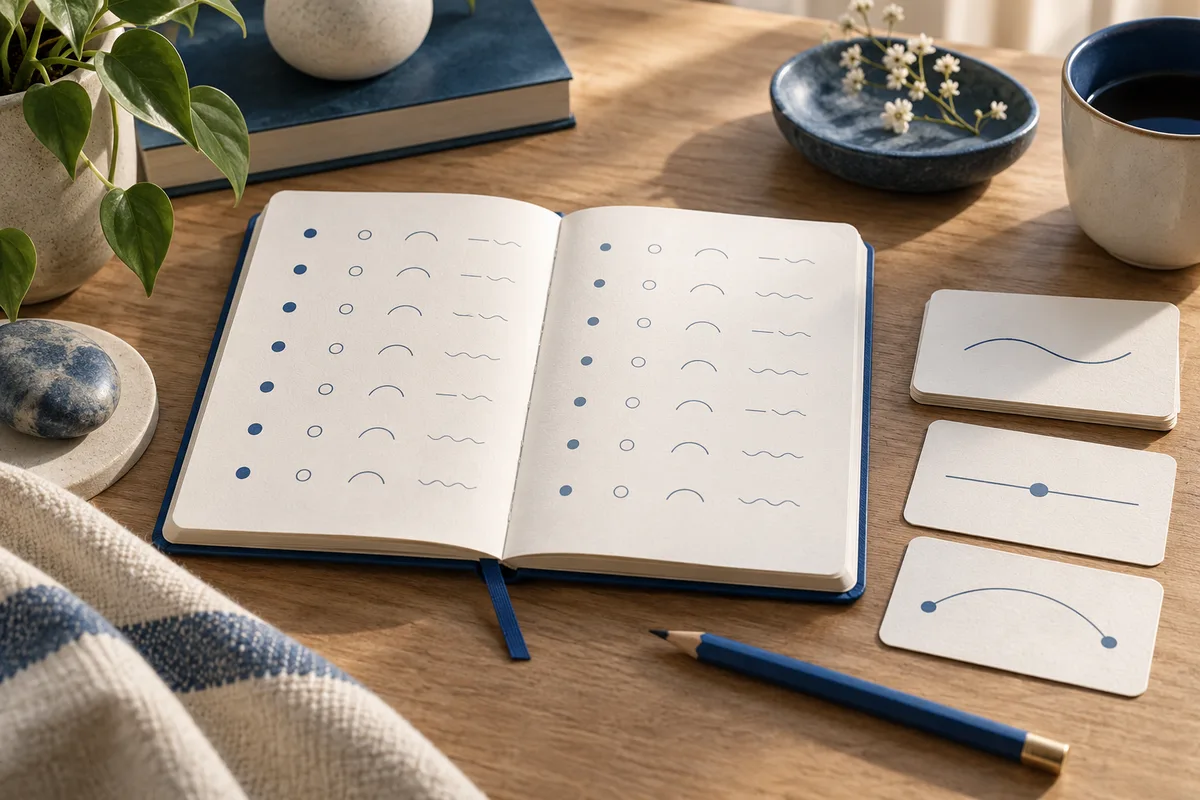 An open notebook with rows of blue dots and curved marks sits beside three cards with line diagrams, a pencil, books, a plant, and a cup on a wooden table.