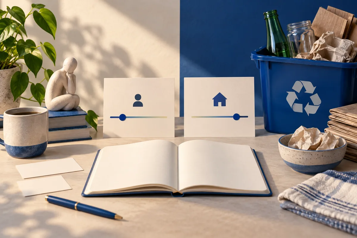 An open blank book and blue pencil sit on a desk beside two cards with person and house icons and slider lines. A small seated figure rests on stacked books near a potted plant; a blue recycling bin, bottles, jars, and crumpled paper are on the other side.