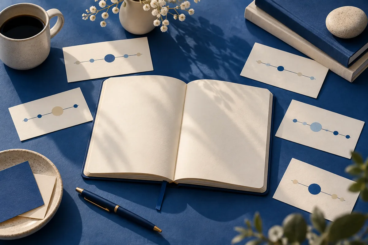 An open blank notebook and pen sit on a blue tabletop among cream cards with colored dots linked by lines, a coffee cup, flowers, and stacked books.