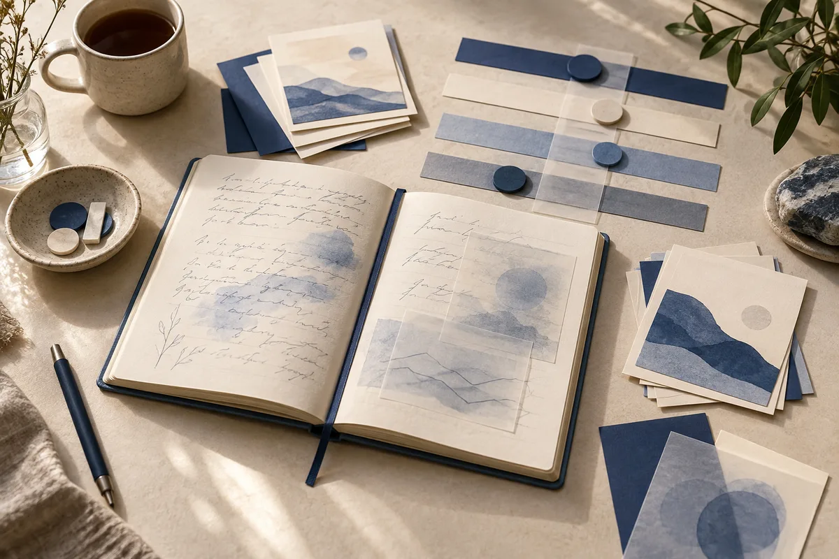 Open journal with handwritten pages, abstract blue artwork, stacked cards, and colored bars with round markers on a sunlit table beside a cup of tea.