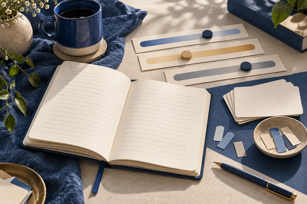 Open lined journal beside three horizontal colored bars with round markers, blank cards, a pen, a bowl of colored pieces, and a cup on blue fabric.